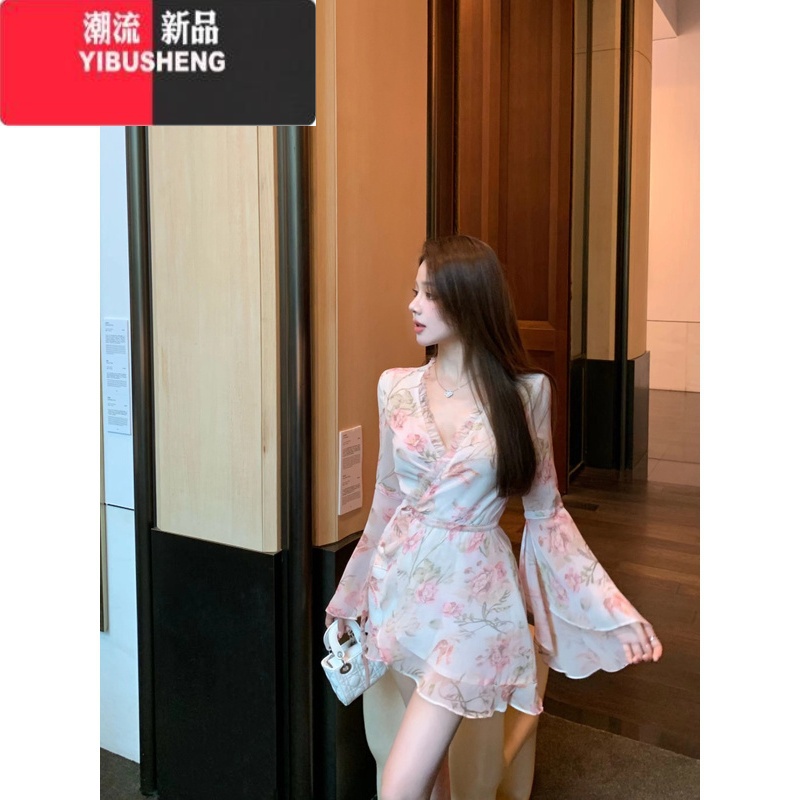 YIBUSHENG法式粉色碎花长袖雪纺连衣裙女季温柔风v领短裙显瘦收腰a字裙子