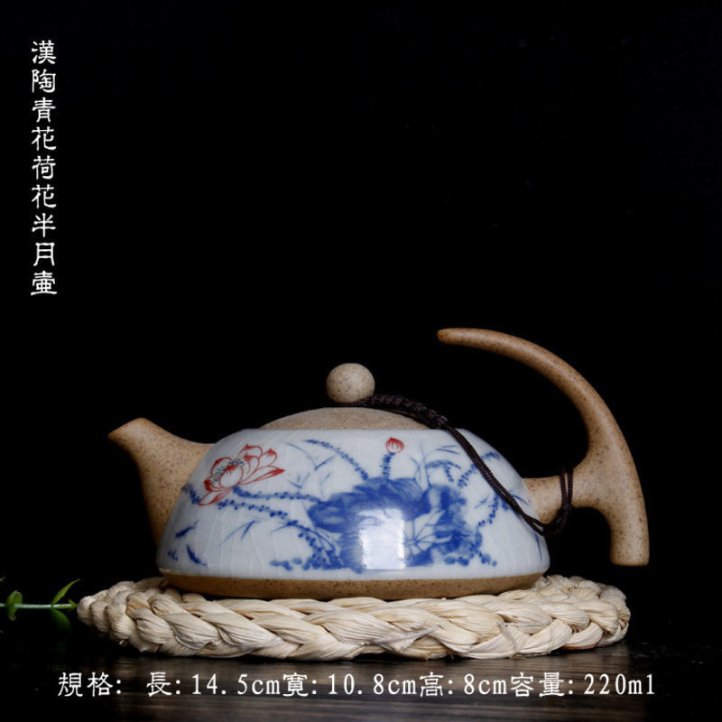 铭道尚品青花陶半月壶陶瓷大号码荷趣茶壶青花瓷单壶手工创意壶【SD24】 荷趣半月壶