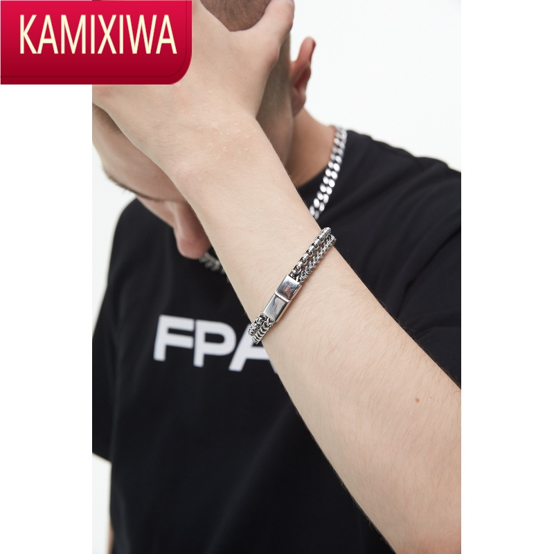 KAMIXIWAFPA中性双层嘻哈古巴手链 国潮牌钛钢情侣款手饰品男潮高级感小众