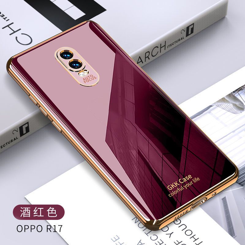 oppo r17手机壳电镀超薄R17方表指环支架保护套全包镜头硅胶软壳 case-酒红色[不带支架] oppo r17