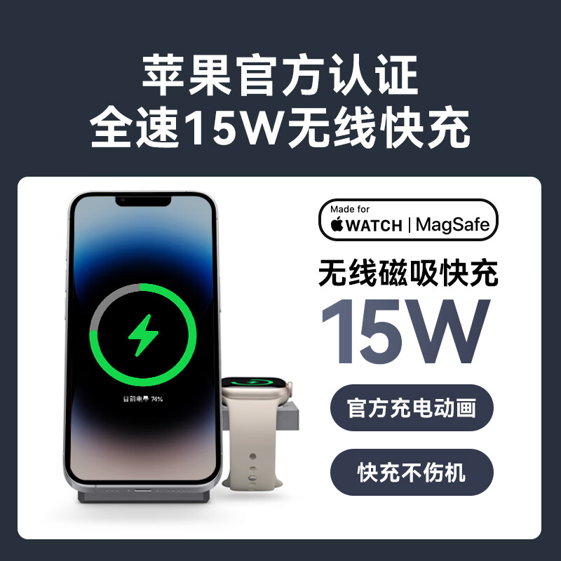 ANKER安克无线充电器三合一15W磁吸qi2认证适用iPhone16promax苹果15手表耳机Y1811*锖色高清大图