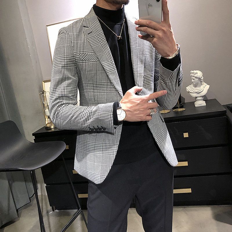 春季新款千鸟格小西装男流帅气男士休闲西服修身韩版单件外套格子色