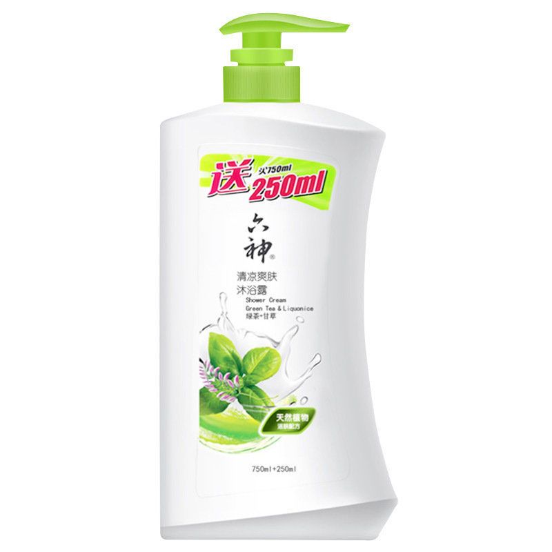 1000mL 六神沐浴露清凉爽肤(绿茶+甘草)750+250ml 新老包装随机江浙沪
