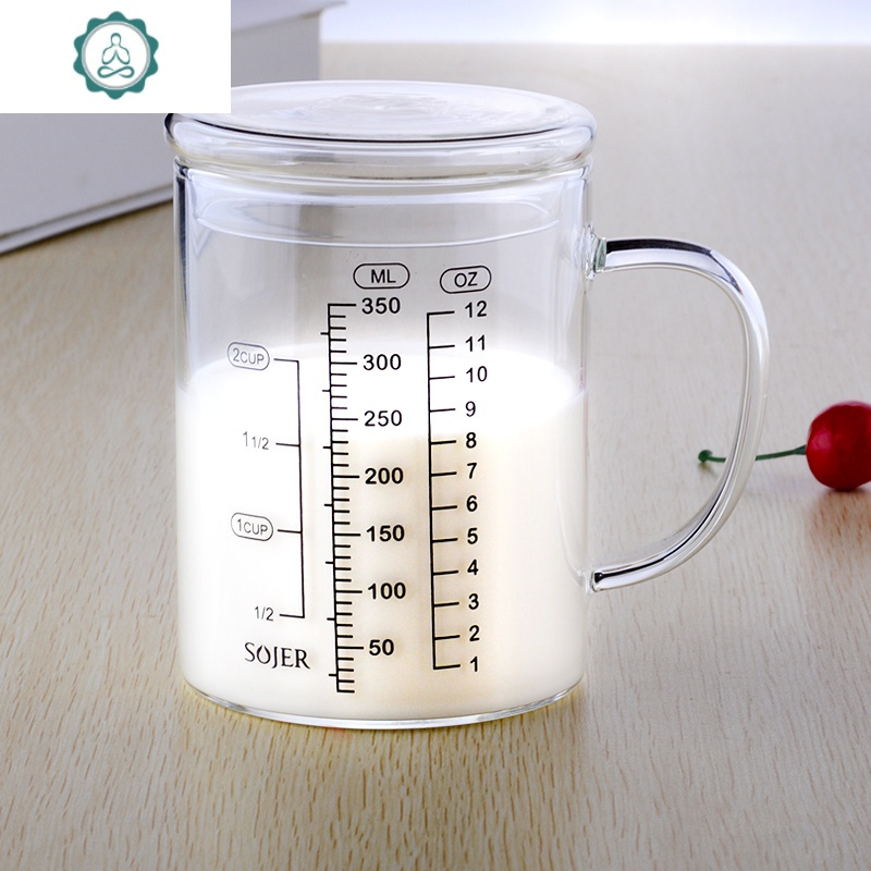 刻度杯厨房家用带把微波儿童牛奶杯水杯子封后350ml圆口加盖送垫刷