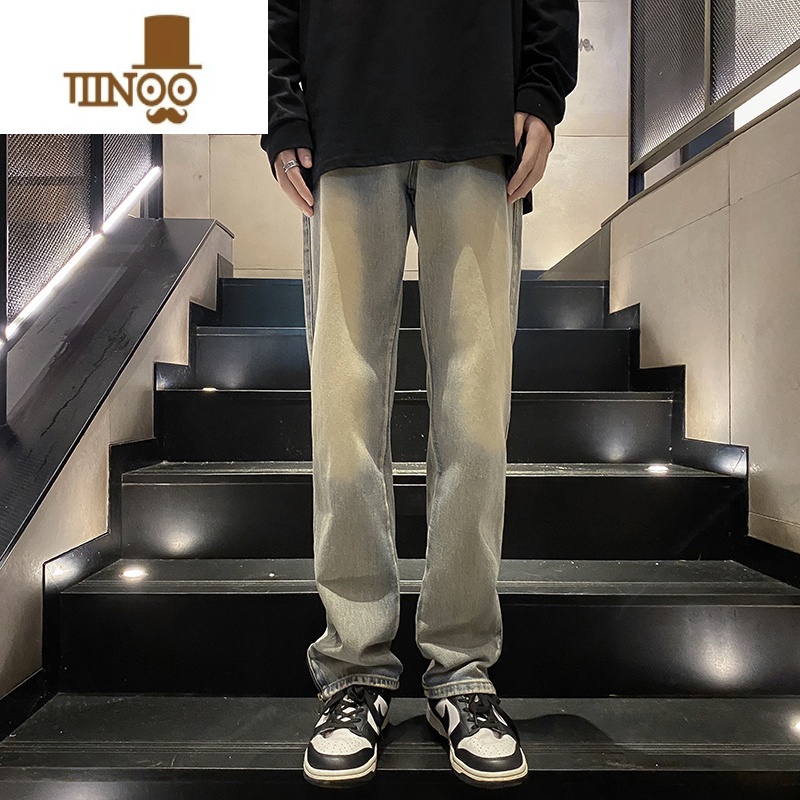 YANXU美式高街牛仔裤男vibe风泛黄泥染拉链直筒牛仔国潮显瘦休高高i黄高清大图