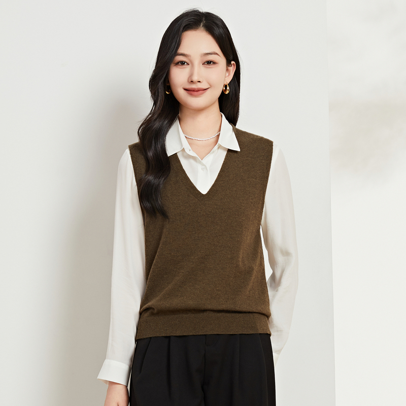 恒源祥V领纯色羊毛衫女2024春秋无袖套头针织衫时尚叠穿马甲背心