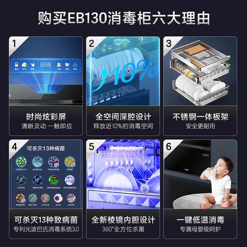 海尔(Haier)消毒柜ZQD130F-EB130嵌入式130L三门三抽大容量 家用消毒碗柜紫外线+光波巴氏消毒甲流病毒高清大图