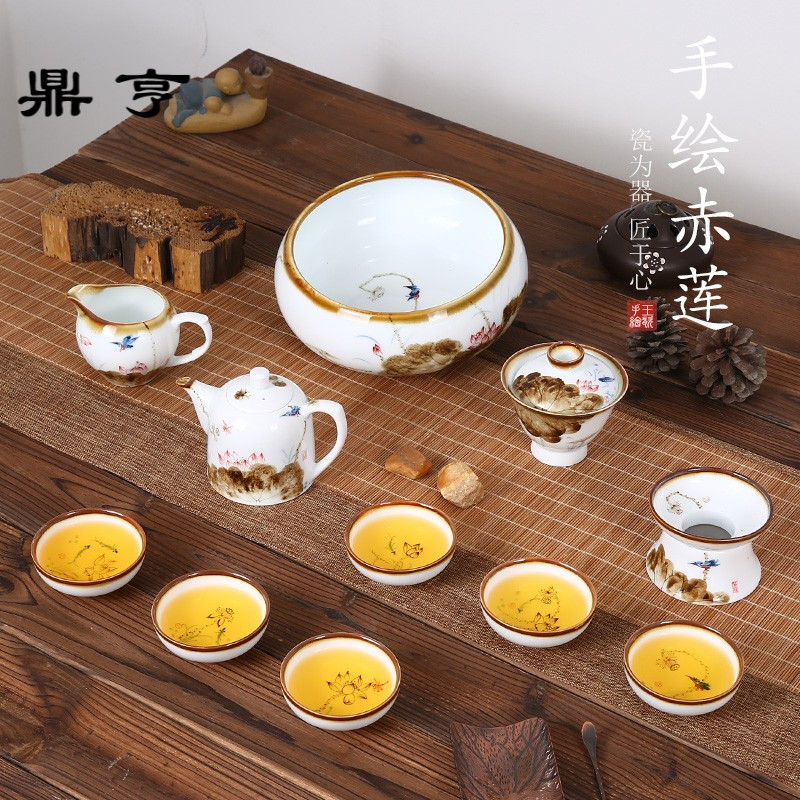 鼎亨茶具套装家用陶瓷功夫茶具6人整套景德镇青花瓷手绘盖碗茶壶