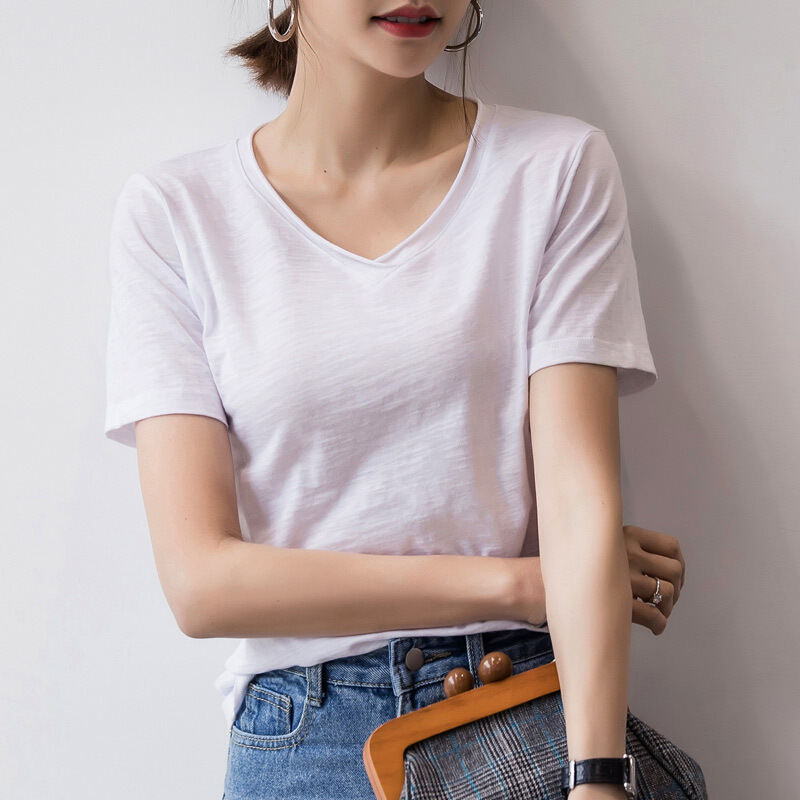 韩国新款纯色竹节棉短袖女装t恤宽松简约时尚v领体恤春夏打底衫