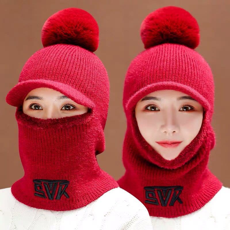 加绒加厚骑行防风毛线帽防冻护耳帽围脖一体套头帽图片