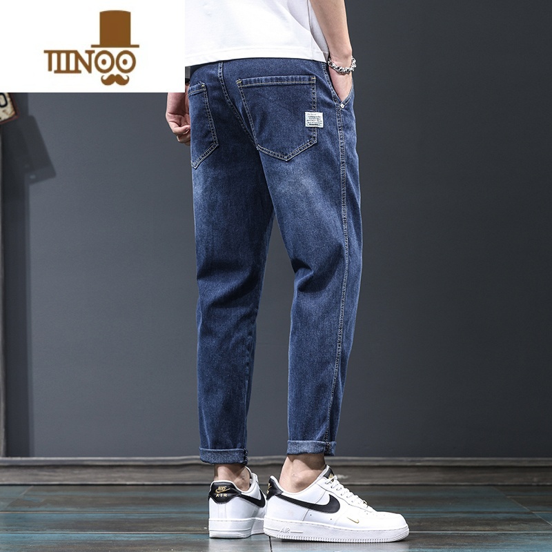 YANXU夏季男款裤子薄款潮流宽松百搭弹力水洗休闲九分直筒男士牛仔牛款高清大图