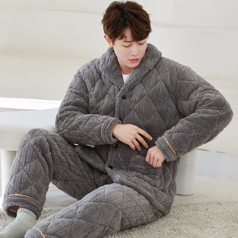 苏宁极物联名新款冬季长毛绒睡衣男冬季加厚加绒三层夹棉中长款家居服