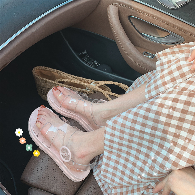 韩版时尚ins潮少女心可爱凉鞋女学生透明平底罗马鞋夏