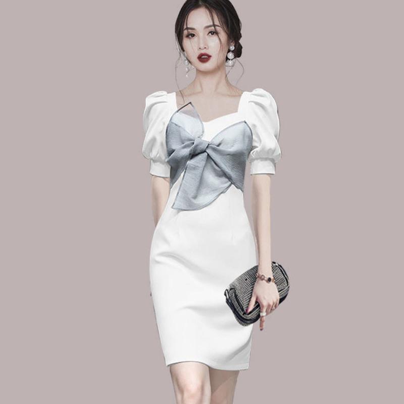 高端气质名媛泡泡袖连衣裙女2021年夏季新款修身包臀显瘦女装裙子 白色 M 建议80-105斤