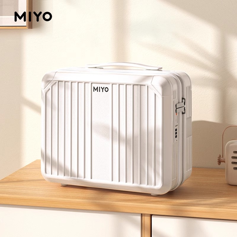 MIYO14寸小型手提化妆箱女新款可挂拉杆便携收纳迷你可爱行李箱子 象牙白【防水耐磨+带密码锁】 14寸【可套行李箱拉杆】