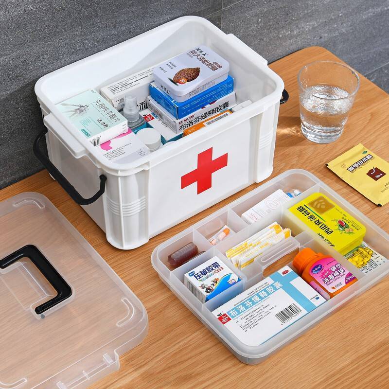 急救箱家庭医药箱多层透明药品收纳盒家用应急药品收纳空箱特大号白色
