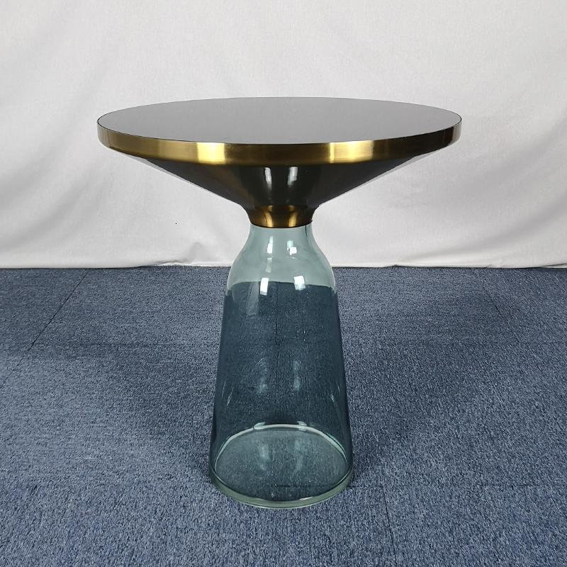 森美人北欧玻璃铃铛茶几客厅个性创意现代简约沙发边几轻奢圆形金属角几 黄铜金边+翡翠兰（直径50）