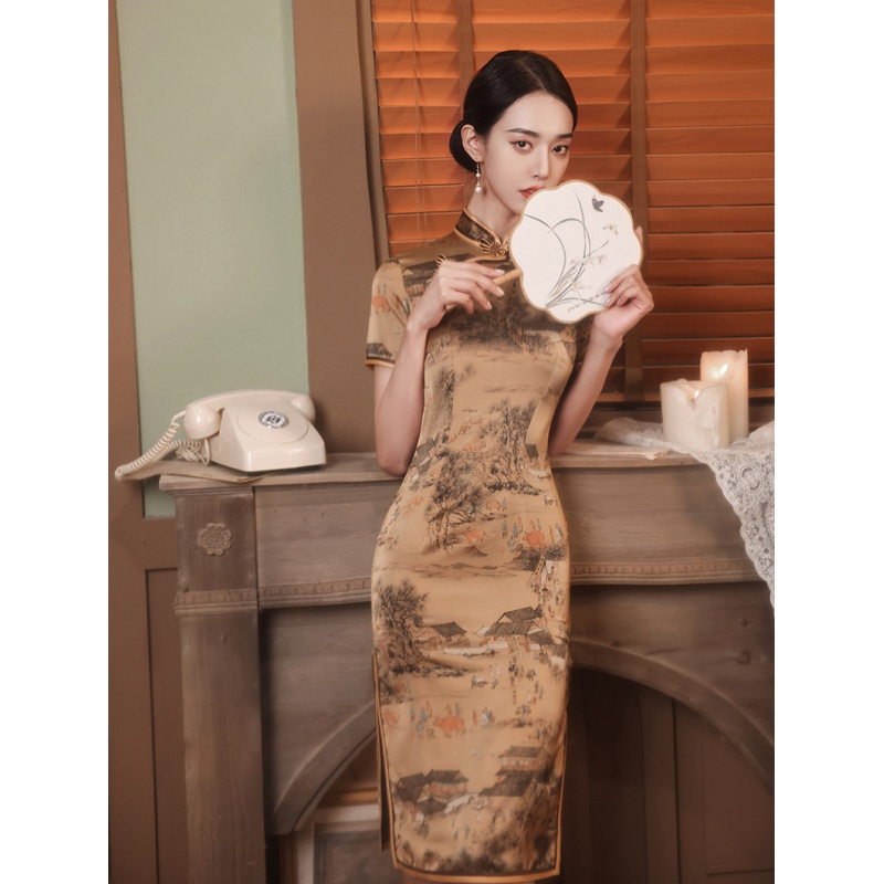 复古改良中式中长款短袖旗袍新款中老年女士旗袍裙报价_参数_图片_视