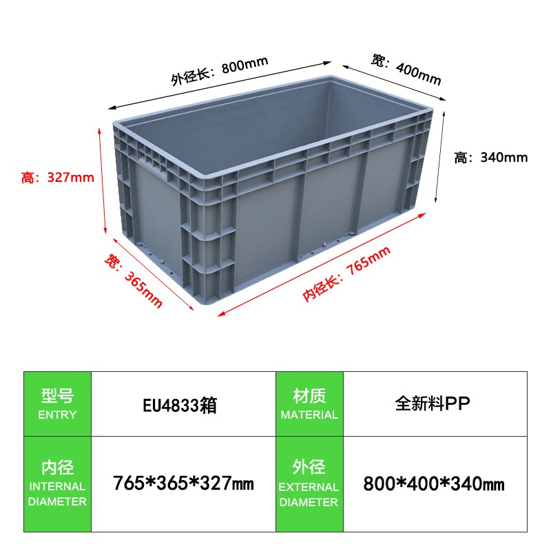 48长方形大号EU物流箱过滤工具养龟工业收纳箱塑料周转箱带盖子三维工匠 EU4833外径800*400*340蓝色不带盖