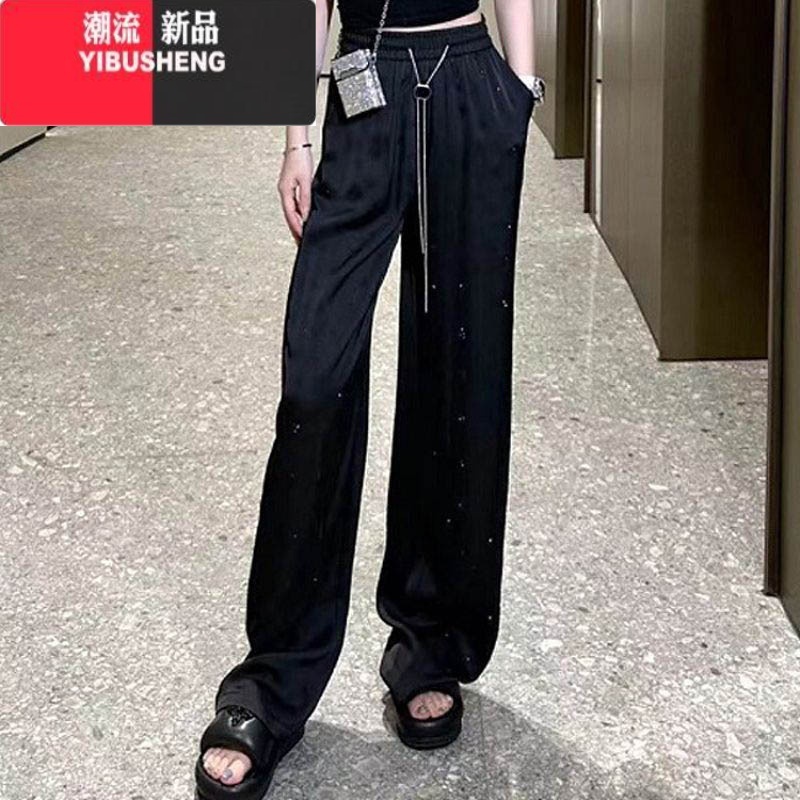 YIBUSHENG醋酸缎面阔腿裤女季加长高腰显瘦直筒裤烫钻印花垂感拖地休闲拖高清大图