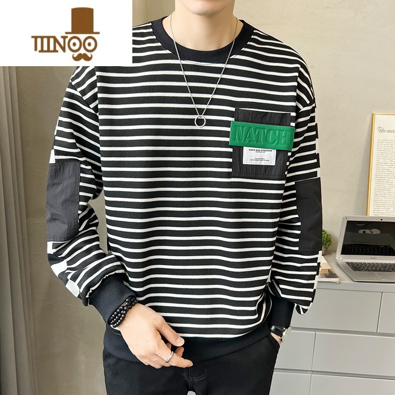 YANXU条纹卫衣男士2023春装新款打底衫潮牌圆领长袖加绒加厚上长高清大图