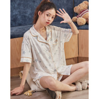 睡衣女夏睡衣简约蓝色开衫女士睡衣套装翻领可外穿家居服套装_328021 热带橘 S