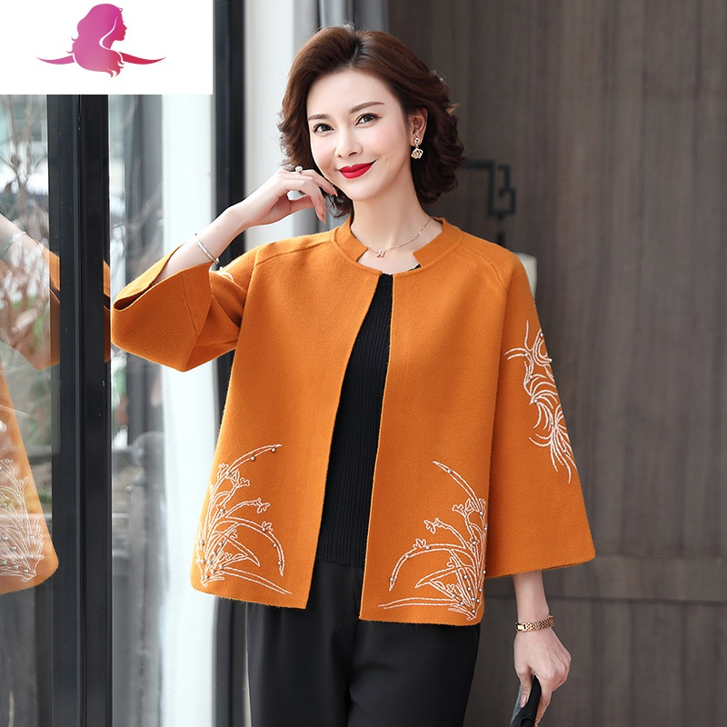 艳如飞妈妈春装薄款开衫中年女装针织上衣服中老年洋气高贵短款外套50