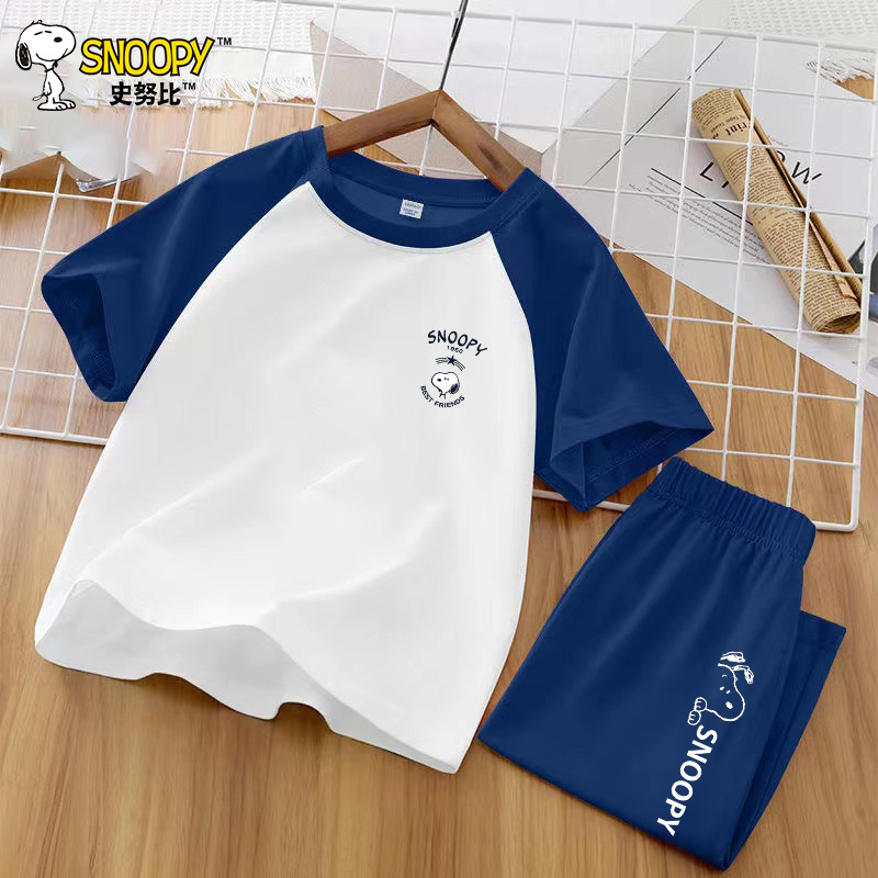 史努比(SNOOPY)儿童套装夏季薄款纯棉短袖女童空调服男孩睡衣休闲家居服套22TI01高清大图