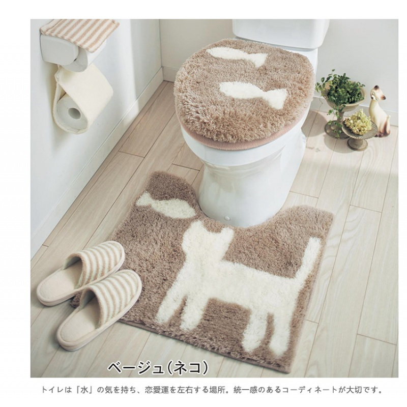 美帮汇田园垫 卫生间口吸水地垫 卧室口垫子脚垫地毯 米驼色座便套件猫和鱼 座便套件二件套