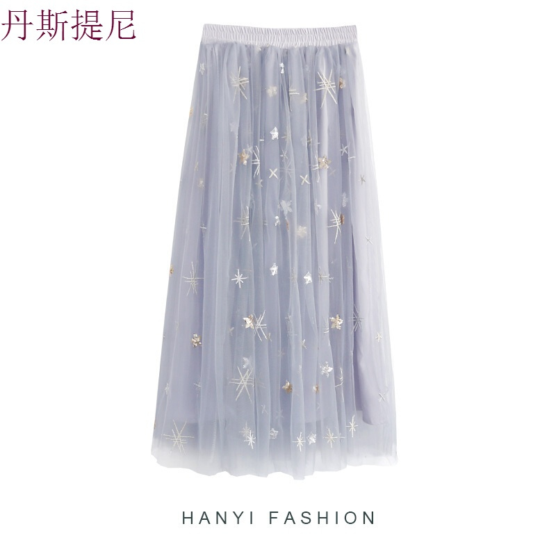 星星裙子女夏a字裙原宿风港味纱裙网纱半身裙春女中长款2018米白色均码