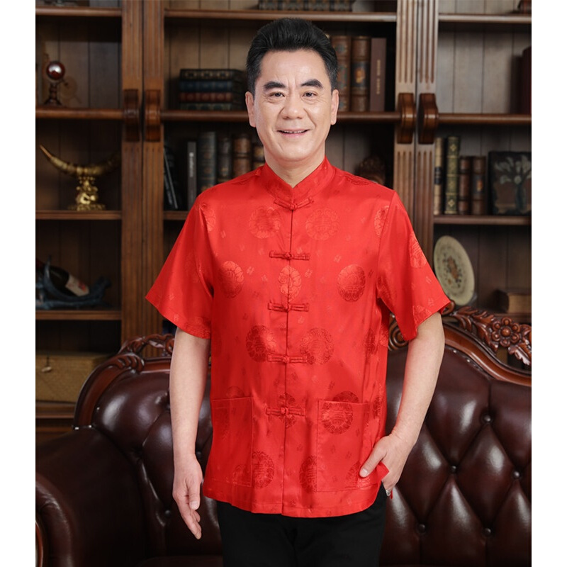 夏季情侣装唐装男女短袖中国风老人生日过寿爷爷奶奶中式唐装上衣