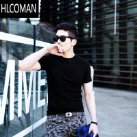 HLCOMAN白色T恤男士短袖修身潮牌圆领夏季半袖上衣紧身纯色打底衫潮