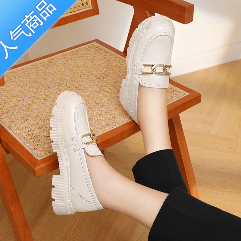 SUNTEK厚底乐福鞋女2023年新款春夏季单鞋平底一脚蹬软底中跟小皮鞋图片