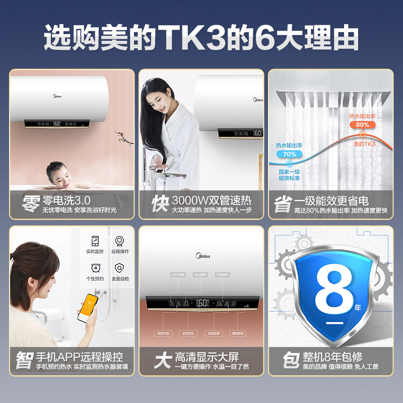 [美的智能家电]60升 电热水器 家用 F6030-TK3(HEY) 3000W速热 三星健康沐浴