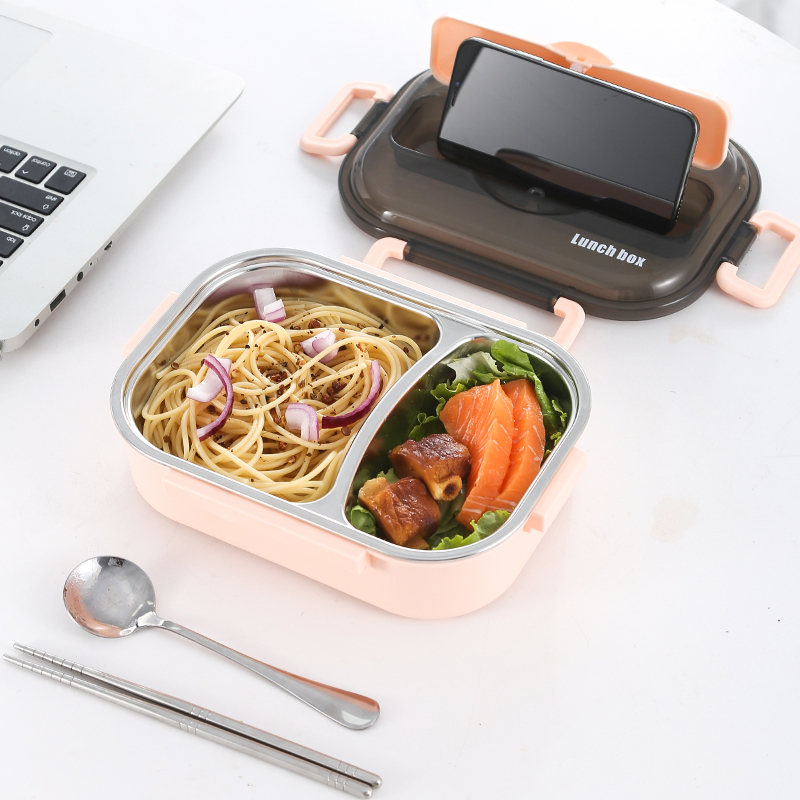 不锈钢饭盒便当盒烘焙精灵上班族饭盒成人学生餐盒套装分隔型大容量盒 小3格冰川蓝+勺筷1000ML