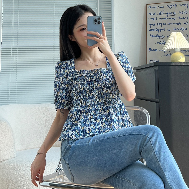 [1.5折价48元]唐狮 |夏季衬衣女式上衣方领小碎花收腰短袖T恤森系可爱风