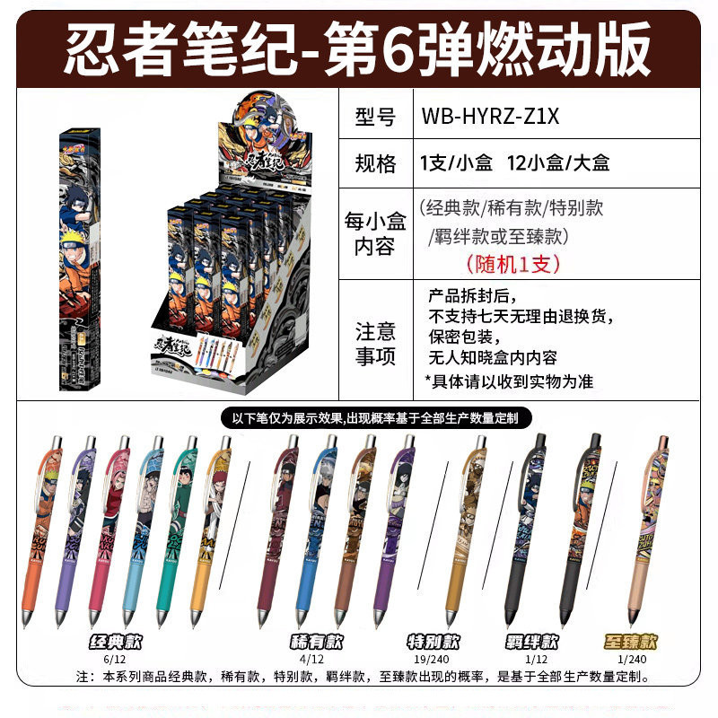 正版火影忍者中性笔忍道版第1弹按动盲盒笔学习用品文具动漫周边火影忍者中性笔第1弹整盒12支高清大图