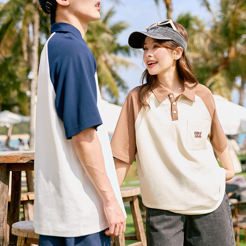 [2.5折价72元]唐狮夏季新款情侣短袖polo衫男拼接插肩袖翻领t恤女情侣装潮