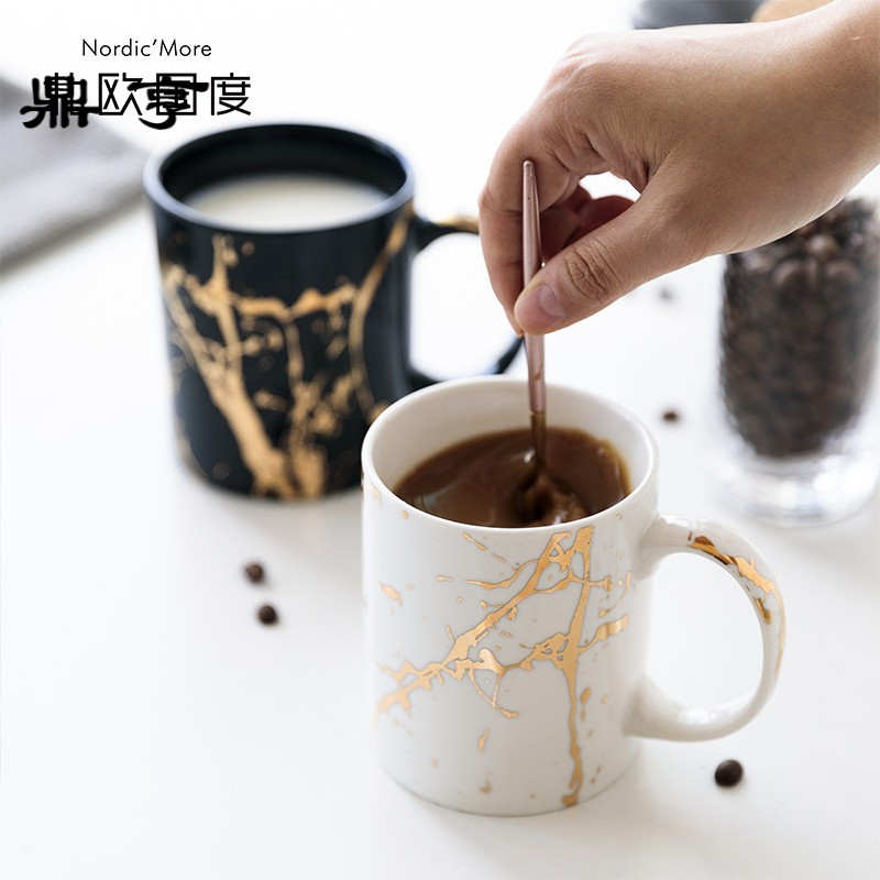 鼎亨陶瓷马克杯大理石纹描金茶杯办公室水杯咖啡杯牛奶燕麦杯