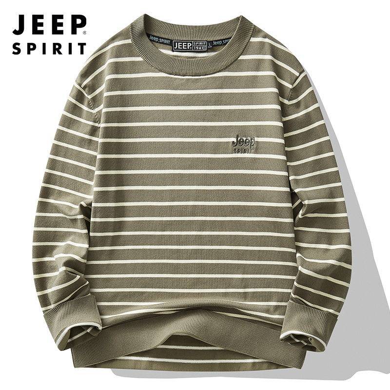 JEEP SPIRIT吉普男士毛衣百搭冬季新款针织圆领上衣宽松间色条纹舒适棉套头衫高清大图