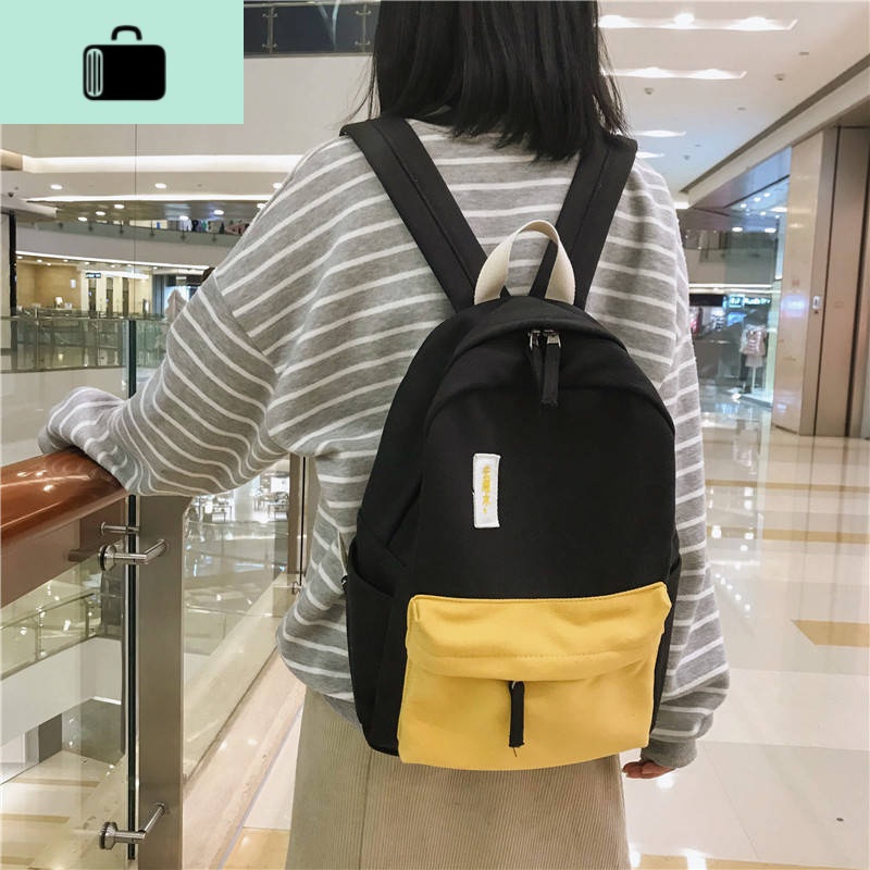书包女韩版撞色简约ins双肩包女古着感少女大中学生帆布背包耐用NEW LAKE高清大图