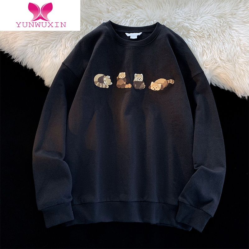 YUNWUXINvintage小熊卫衣女美式复古薄款上衣设计感小众宽松慵懒外套
