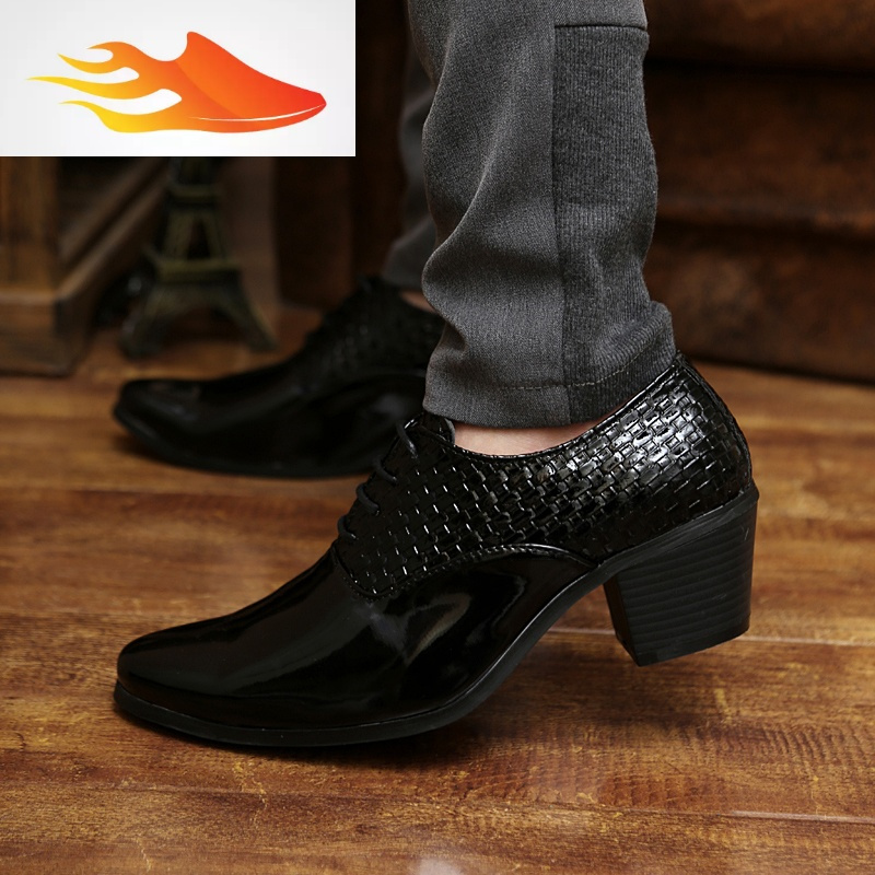 basket漆皮男士皮鞋尖头高跟鞋夜店男鞋子英伦男式鞋黑色皮鞋高跟鞋男