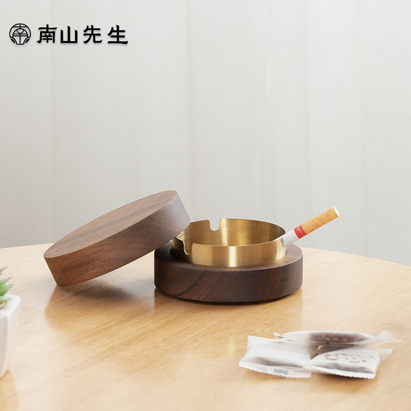 南山先生 胡桃木烟灰缸家用客厅带盖防飞灰创意个性潮流烟缸摆件高清大图