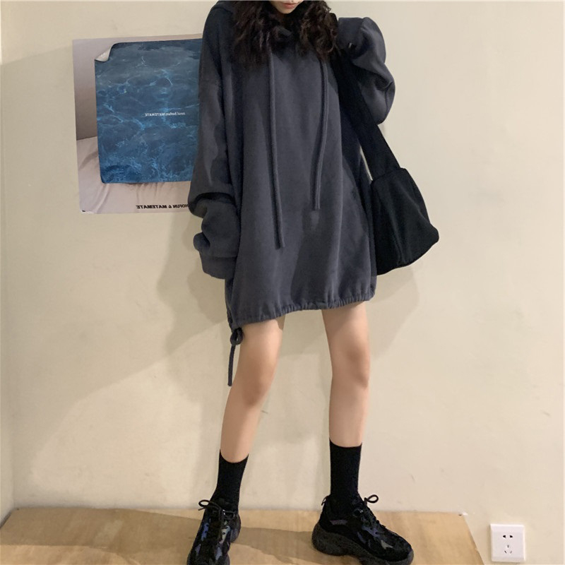 灰色 M 大码女装秋冬胖妹妹mm慵懒风宽松中长款加绒加厚抽绳连帽卫衣外套