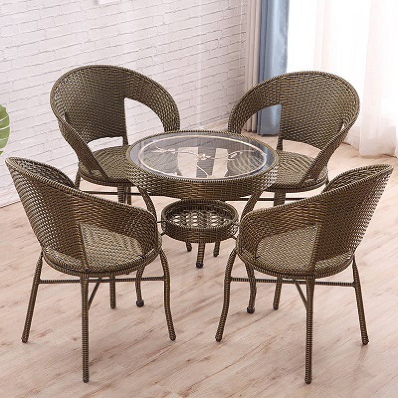阳台桌子圆形藤编小茶几休闲藤椅ciaa喝茶桌椅组合简约钢化玻璃小圆桌