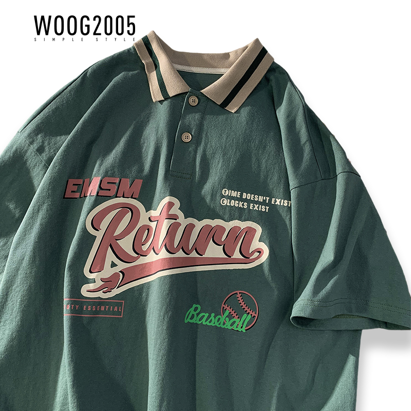 WOOG2005撞色翻领polo衫短袖男生夏季潮牌港风潮流宽松百搭t恤衫