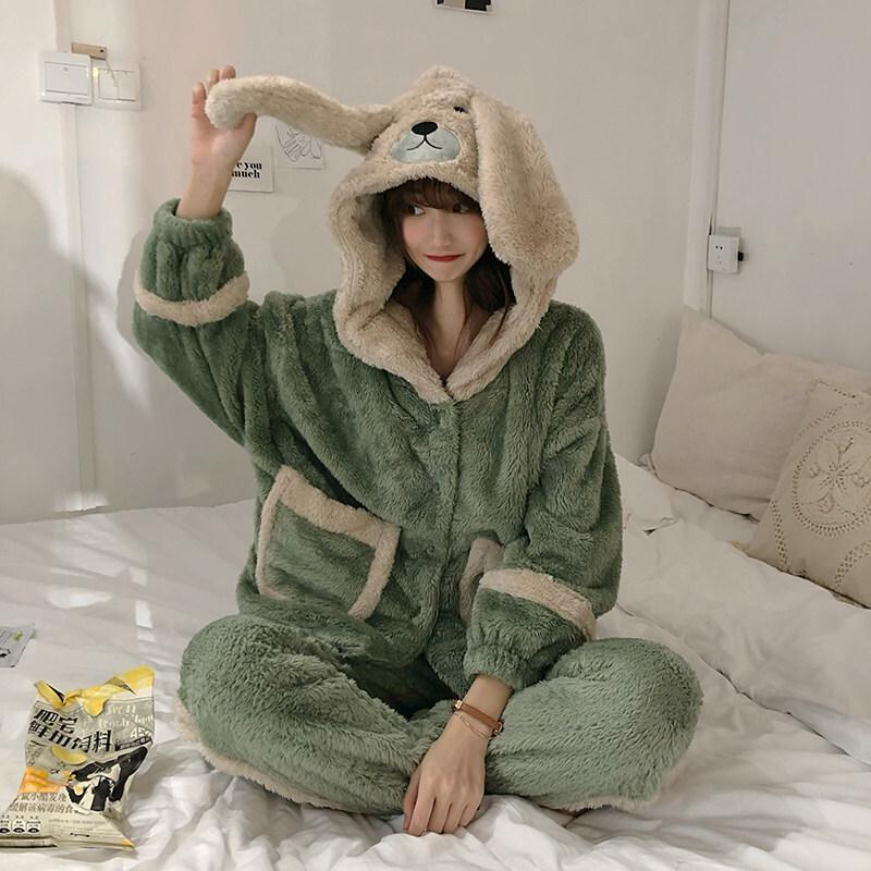 波迷娜(BOMINA)大码睡衣女200斤款加绒加厚睡衣女季2021新款宽松学生可爱服两件套装可外穿 绿色 均