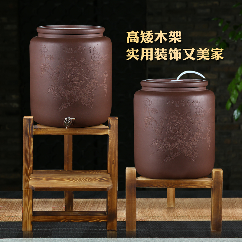 紫砂水缸家用泡茶储水罐带龙头大号养水净水缸陶瓷过滤抽水茶水桶|[中号20L龙头]花开富贵/含矮木架
