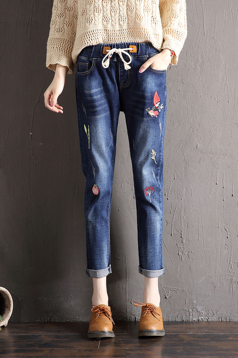 绣花牛仔裤女长裤小脚